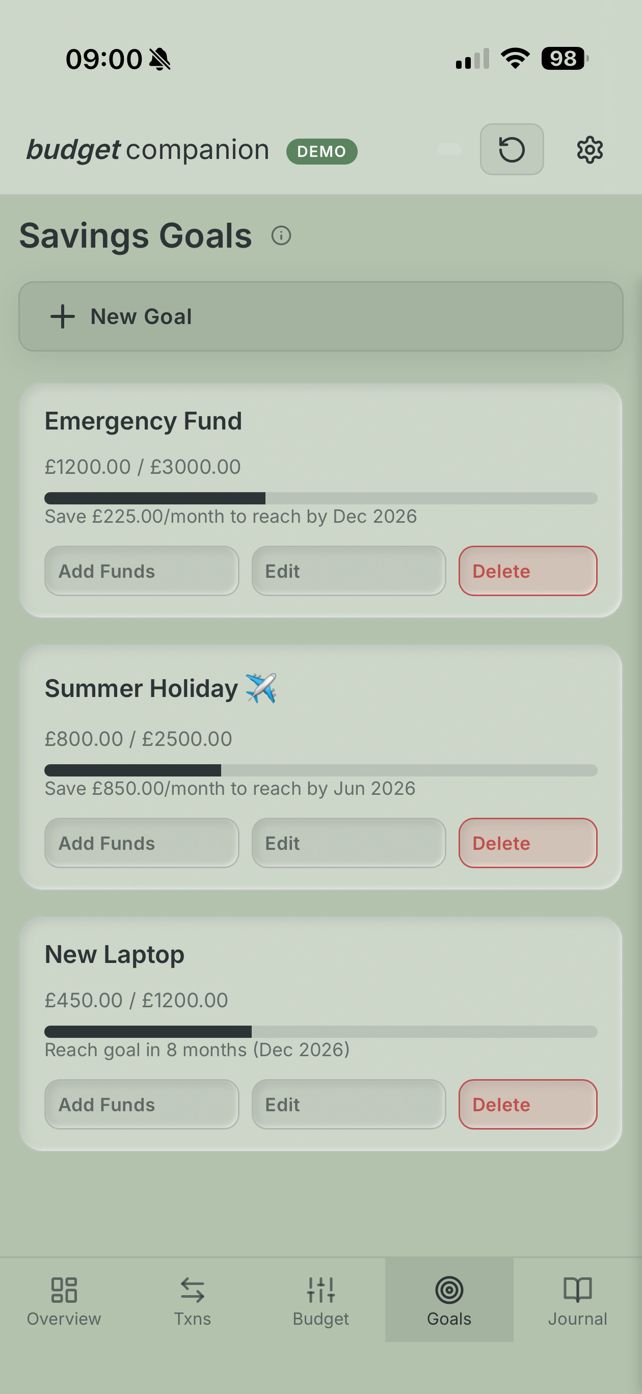 Saving goals on mobile